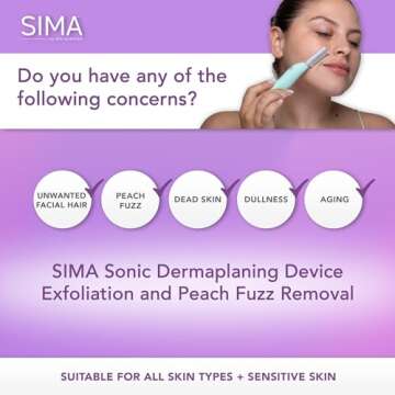 SPA SCIENCES - SIMA Sonic Dermaplaning Tool - Patented Painless 2 in 1 Facial Exfoliation & Peach Fuzz-Hair Removal System w/ 7 Weeks Treatment Included - Anti-Aging – 3 Speeds – Rechargeable