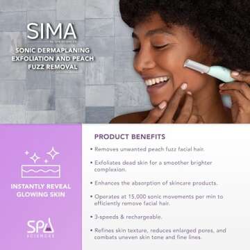 SPA SCIENCES - SIMA Sonic Dermaplaning Tool - Patented Painless 2 in 1 Facial Exfoliation & Peach Fuzz-Hair Removal System w/ 7 Weeks Treatment Included - Anti-Aging – 3 Speeds – Rechargeable