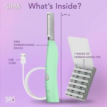 SPA SCIENCES - SIMA Sonic Dermaplaning Tool - Patented Painless 2 in 1 Facial Exfoliation & Peach Fuzz-Hair Removal System w/ 7 Weeks Treatment Included - Anti-Aging – 3 Speeds – Rechargeable