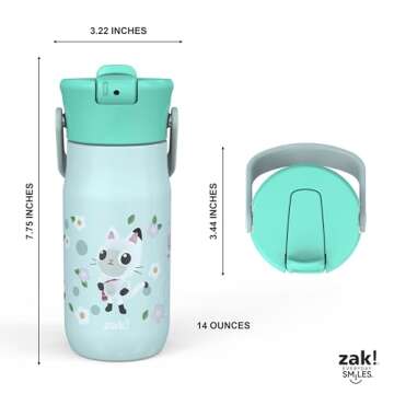 Zak Designs Harmony Gabby's Dollhouse Kid Water Bottle for Travel, 14oz Recycled Stainless Steel, Leak-Proof When Closed and Vacuum Insulated (Pandy Paws, Cakey Cat, Mercat, Kitty Fairy)