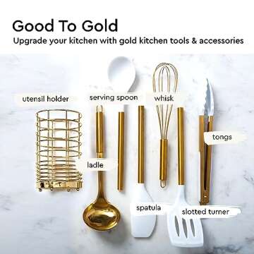 Gold Kitchen Utensils Set – 7-Piece White Silicone Cooking Tools with Gold Utensil Holder – Luxury Kitchen Accessories for Stylish Cooking and Serving, Ideal for Gifting