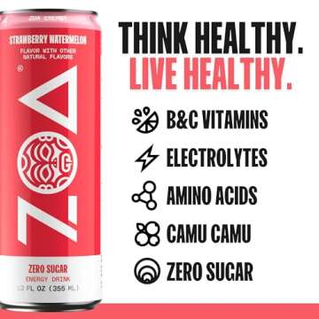 ZOA Zero Sugar Energy Drinks, Strawberry Watermelon - Sugar Free with Electrolytes, Healthy Vitamin C, Amino Acids, Essential B-Vitamins, and Caffeine from Green Tea - 12 Fl Oz (12-Pack)