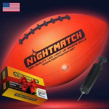 NIGHTMATCH Light Up LED Football - Perfect Glow in The Dark American Football - Official Size 6 - Extra Pump and Batteries - Cool Stuff - Birthday Gifts for Boys - Waterproof Glow Football with Two LEDs