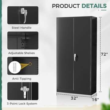 Greenvelly Storage Cabinet, 72” Black Garage Steel Locking Cabinet with Doors and 4 Adjustable Shelves, Tall Lockable File &Tool Cabinet for Home Office, Metal Classroom Cabinet Basement