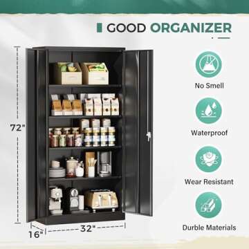 Greenvelly Storage Cabinet, 72” Black Garage Steel Locking Cabinet with Doors and 4 Adjustable Shelves, Tall Lockable File &Tool Cabinet for Home Office, Metal Classroom Cabinet Basement