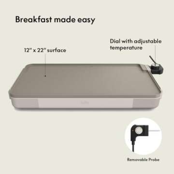 bella 12" x 22" Electric Griddle with EverGood™ Ceramic Nonstick Coating, Removable Temperature Probe, Dishwasher-Safe Drip Tray & Cool Touch Handles, Cook up to 15 Eggs, 1500 Watt, Oatmilk