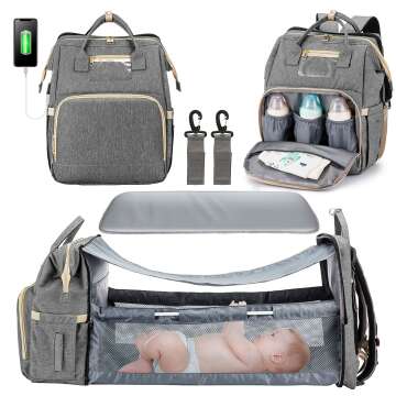 3 in 1 Diaper Bag Backpack with Changing Station, Waterproof Diaper Bag for Boys Girls, Baby Shower Gifts, Travel Nappy Bag with USB Charging Port, Stroller Straps & Shade Cloth (Grey)