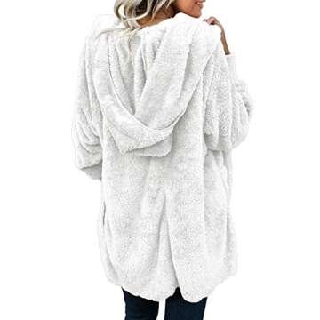 Dokotoo Womens Casual Solid Cozy Warm Ladies Fuzzy Winter Fashion 2024 Open Front Long Sleeve Fleece Pockets Hooded Cardigans Sweaters Jackets Coats Outerwear White M