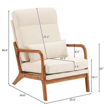 Karl home Accent Chair Mid-Century Modern Chair with Pillow Upholstered Lounge Arm Chair with Solid Wood Frame & Soft Cushion for Living Room, Bedroom, Balcony, Linen Beige (High Back)