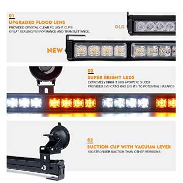 Xprite 31.5 Inch LED Strobe Traffic Advisor Light Bar 21 Flashing Caution Patterns Directional Chase Lightbar w/Suction Cup Mount for Emergency Construction Vehicles Trucks SUV UTV - White & Amber