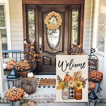 CROWNED BEAUTY Fall Welcome Garden Flag Floral Mason Jar 12×18 Inch Double Sided for Outside Thankful Holiday Yard Decoration