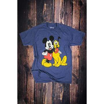 Disney Mickey Mouse & Pluto Classic Distressed Vintage Dog World Disneyland Funny Mens Adult Graphic Tee T-Shirt (Large) Blue