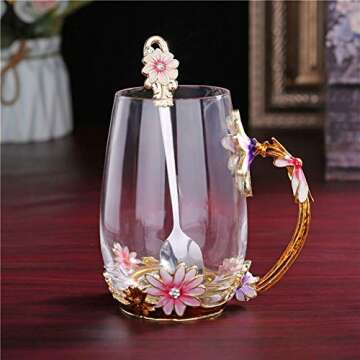 Luka Tech Enamel flower Lead-free Glass Coffee Mugs Tea Cup with Steel Spoon, Best Birthday Gifts For Women