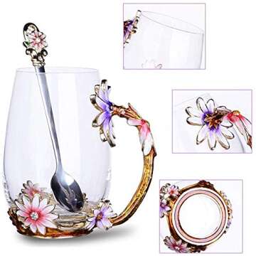 Luka Tech Enamel flower Lead-free Glass Coffee Mugs Tea Cup with Steel Spoon, Best Birthday Gifts For Women