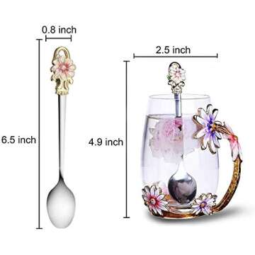 Luka Tech Enamel flower Lead-free Glass Coffee Mugs Tea Cup with Steel Spoon, Best Birthday Gifts For Women