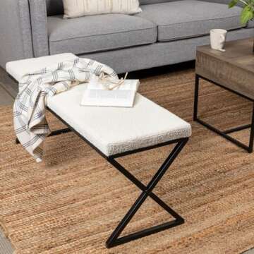 Household Essentials Harper Metal Bench with Boucle Upholstered Cushion, Cream and Black