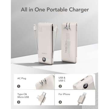 VEGER Portable Charger for iPhone with Built in Cables and Wall Plug, 10000mah Slim Fast Charging USB C Power Bank, Travel Essential Battery Pack Compatible with iPhone, iPad, Samsung etc(Coffee)