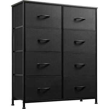 WLIVE Fabric Dresser for Bedroom, Tall Dresser with 8 Drawers, Storage Tower with Fabric Bins, Double Dresser, Chest of Drawers for Closet, Living Room, Hallway, Children's Room, Charcoal Black
