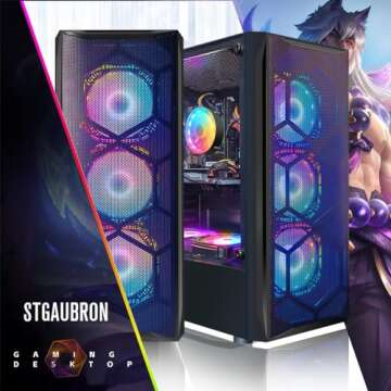 STGAubron Gaming Desktop PC Computer, Intel Core I7 3.4 GHz up to 3.9 GHz, Radeon RX 580 8G GDDR5, 16G RAM, 512G SSD, WiFi, Bluetooth 5.0, RGB Fanx6, RGB Mouse Pad, RGB BT Sound Bar, Windows 10 Home