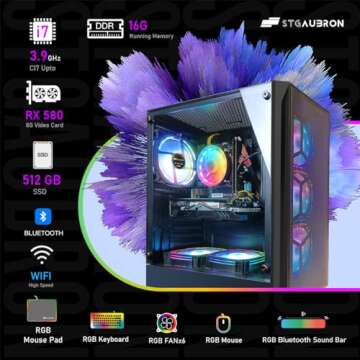 STGAubron Gaming Desktop PC Computer, Intel Core I7 3.4 GHz up to 3.9 GHz, Radeon RX 580 8G GDDR5, 16G RAM, 512G SSD, WiFi, Bluetooth 5.0, RGB Fanx6, RGB Mouse Pad, RGB BT Sound Bar, Windows 10 Home