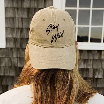 Atticus Poetry Dad Hat, Stay Wild - Trendy Summer Girl Cotton Baseball Cap for Women with Custom Buckle, Adjustable One Size (Khaki, Stay Wild)