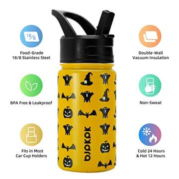 BJPKPK 15oz Insulated Water Bottle with Straw Lid, 15oz Stainless Steel Water Bottles, Reusable Leak Proof BPA-Free Thermos with 2 Straws, 1 Straw Brush(Halloween)