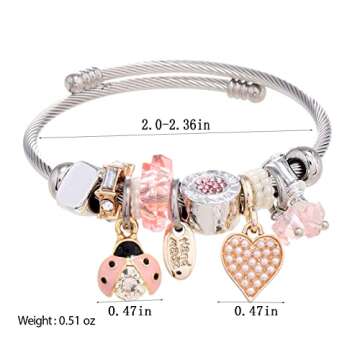 DS Charm Bracelets for girls,exquisite cute cartoon friendship bracelets Stainless Steel Bangle with birthday Gift box, Adjustable girls jewelry Suitable for holiday gifts (Pink Beetle)