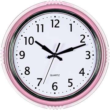 Bernhard Products Retro Wall Clock 9.5 Inch Pink Kitchen 50's Vintage Design Round Silent Non Ticking Battery Operated Quality Quartz for Home Office Baby Nursery Girls Room Classroom, Easy to Read