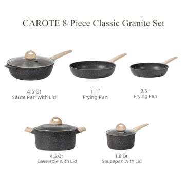 CAROTE 8-Piece Nonstick Cookware Set - Granite Induction Pots & Pans