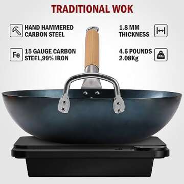 mMlpes Flat Bottom Wok Pan - 13.5" Pre-Seasoned Carbon Steel Wok No Chemical Coating Traditional Hand Hammered Woks & Stir-Fry Pans for Electric Induction Gas Cooktops Nonstick | Blue