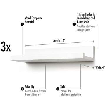 Americanflat 14" Floating Shelves for Wall - Set of 3 - Engineered Wood Floating Shelf with Lipped Ledge - Floating Wall Shelves for Bedroom, Bathroom, Kitchen, Office, and Living Room - White