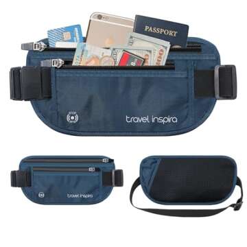 travel inspira Travel Money Belt with Anti-Theft Zipper Slim Travel Pouch RFID Blocking Passport Holder Hidden Travel Wallet under Clothes to Protect Credit Cash, Passports, and Documents, Navy Blue