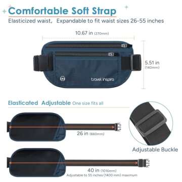 travel inspira Travel Money Belt with Anti-Theft Zipper Slim Travel Pouch RFID Blocking Passport Holder Hidden Travel Wallet under Clothes to Protect Credit Cash, Passports, and Documents, Navy Blue