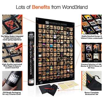 Wond3rland Premium Scratch Off Movie Poster with 100 Films & 20 TV Shows | Unique Black Cinematic Bucket List | Deluxe Gift for Cinema Lovers | Complete Accessories Set Included