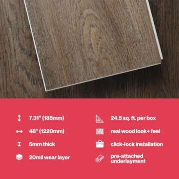 Lucida Surfaces Luxury Vinyl Flooring | Interlocking Flooring for DIY Installation | 10 Wood-Look Planks | MaxCore Pro | Box of 10 Planks | 24.5 Sq. Feet