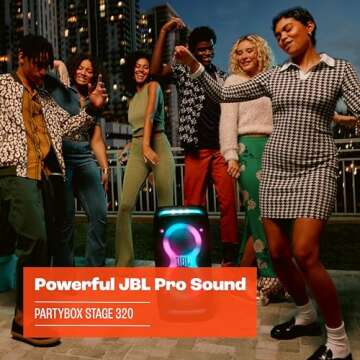 JBL PartyBox Stage 320 - Portable Party Speaker with Telescopic Handle & Wide, Sturdy Wheels, Powerful JBL Pro Sound, Futuristic lightshow, Up to 18 Hours of Play time, Splash Proof (Black)