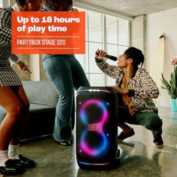 JBL PartyBox Stage 320 - Portable Party Speaker with Telescopic Handle & Wide, Sturdy Wheels, Powerful JBL Pro Sound, Futuristic lightshow, Up to 18 Hours of Play time, Splash Proof (Black)