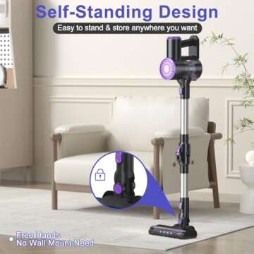 Cordless Vacuum Cleaner, Self-Standing Vacuum Cleaners with 180° Foldable Rod Rechargeable Cordless Vacuum 6 in 1 Lightweight Stick Vacuum with Powerful Suction，for Pet Hair Hardwood Floor (Purple)