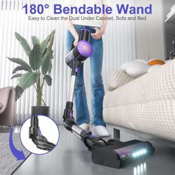 Cordless Vacuum Cleaner, Self-Standing Vacuum Cleaners with 180° Foldable Rod Rechargeable Cordless Vacuum 6 in 1 Lightweight Stick Vacuum with Powerful Suction，for Pet Hair Hardwood Floor (Purple)