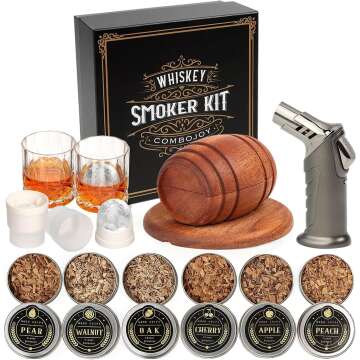 Whiskey Smoker Kit with Torch - 6 Flavors Wood Chips, 2 Glasses, 2 Ice Ball Molds - Cocktail Smoker Infuser Kit, Old Fashioned Drink Smoker Kit, Birthday Bourbon Whiskey Gifts for Men,Dad(NO Butane)