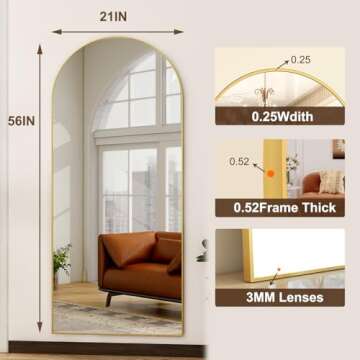 HARRITPURE 56"x21"Full Length Mirror Arch Floor Mirrors with Aluminum Alloy Frame Free-Standing Wall Mounted or Leaning Large Bedroom Dressing Mirror Modern & Contemporary Decor for Home,Gold