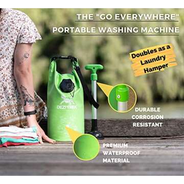 Dezitrek All in One Hand Wash Bag and Plunger Set - Off Grid Washing Machine Non Electric for Camping Travel | Eco Friendly Portable Manual Clothes Washer Laundry Bag for RV's (Medium)