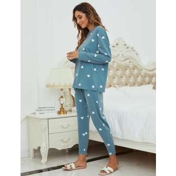 Blooming Jelly Womens Cute Pajama Sets Comfy Heart Printed Nightwear Drawstring Pockets Pjs 2024 (Medium, Blue)