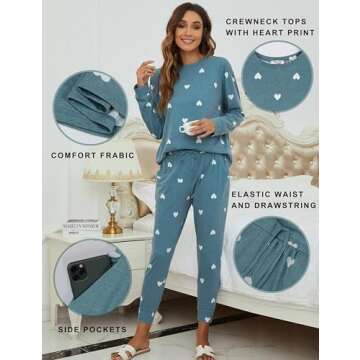 Blooming Jelly Womens Cute Pajama Sets Comfy Heart Printed Nightwear Drawstring Pockets Pjs 2024 (Medium, Blue)