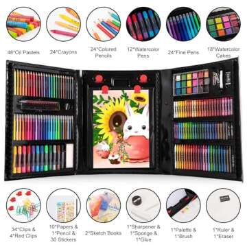 Art Supplies, 240-Piece Art Set Crafts Drawing Kits with Double Sided Trifold Easel, Sketch Pads, Crayons, Colored Pencils, Valentines Day Gifts for Kids Girls Boys Teen Ages 4-6-8-9-12 (Black)