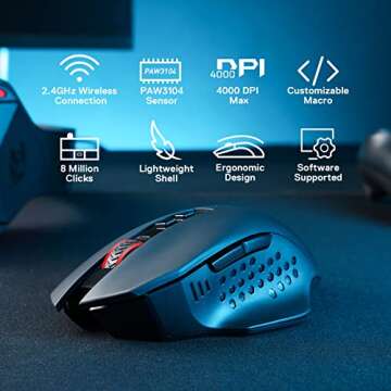 Redragon M656 Gainer Wireless Gaming Mouse, 4000 DPI 2.4Ghz Wireless Mouse w/ 5 DPI Levels, 7 Macro Buttons, Red LED Backlit & Pro Software/Drive Supported, for PC/Mac/Laptop