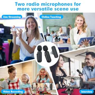 2 Pack Wireless Lavalier Microphone for Android iPhone iPad with Adapter Included Noise Reduction Plug-Play Clip on Lapel Mic for Video, Recording, Interview Podcast, Vlog, YouTube