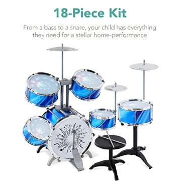 Best Choice Products 18-Piece Kids Beginner Drum Kit, Musical Instrument Toy Drum Set for Music Practice w/LED Lights, Bass, Toms, Snare, Cymbal, Stool, Stand Drumsticks - Blue