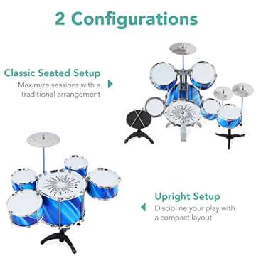 Best Choice Products 18-Piece Kids Beginner Drum Kit, Musical Instrument Toy Drum Set for Music Practice w/LED Lights, Bass, Toms, Snare, Cymbal, Stool, Stand Drumsticks - Blue