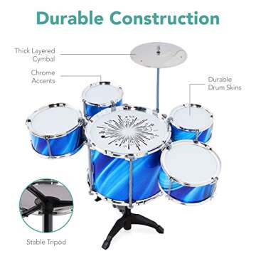 Best Choice Products 18-Piece Kids Beginner Drum Kit, Musical Instrument Toy Drum Set for Music Practice w/LED Lights, Bass, Toms, Snare, Cymbal, Stool, Stand Drumsticks - Blue